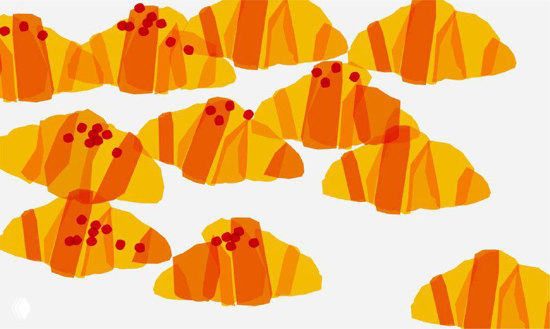 Ряд круассанов, выполненных как упрощенные геометрические формы оранжевого цвета — повторяющийся узор, подчёркивающий настроение завтраков в фуд‑холле.