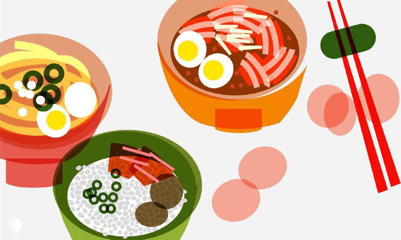 Иллюстрация азиатских мисок и рамена в супрематической стилизации: круги, палочки и контрастные пятна цвета для передачи структуры блюда.