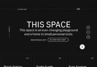 Скриншот тёмного сайта‑лаборатории портфолио Шона Лукаса: минималистичный интерфейс с заголовком "THIS SPACE", плитками проектов, шрифтов и модулей.