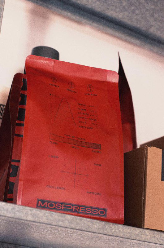 Открытый красный пакет Mospresso с видимой тыльной стороной и печатью; акцент на материалах, линиях графики и информационной разметке на упаковке.