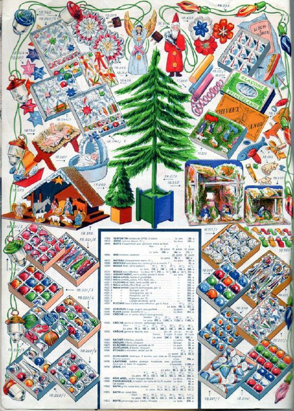 Страница каталога с праздничными игрушками и елочными украшениями, центральная таблица с перечислением товаров и цен, аккуратные иллюстрации в ретро-стиле.