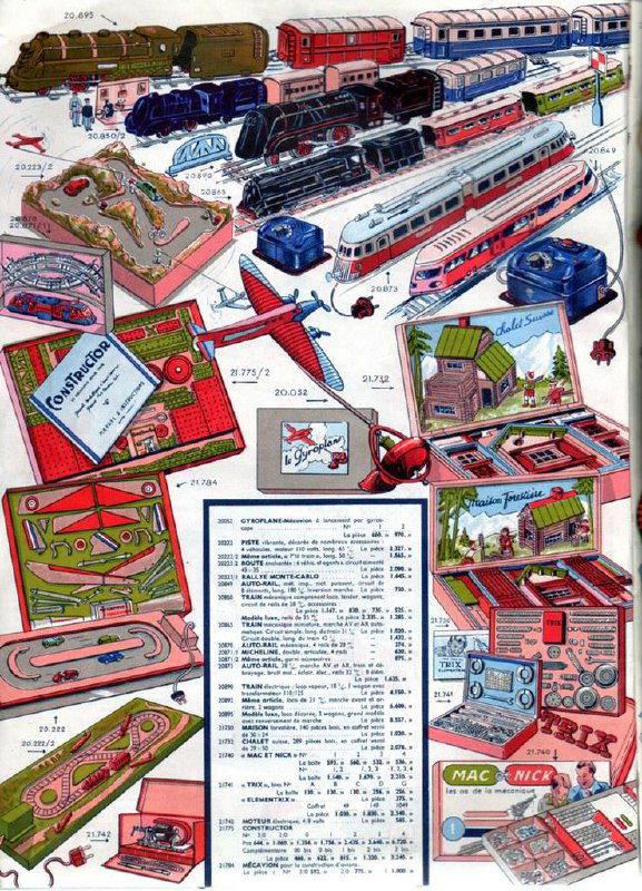Разворот с иллюстрациями игрушечных поездов, вагонов и железных дорог, сопровождаемый прайс-листом; винтажная графика с детальными сценами миниатюр.