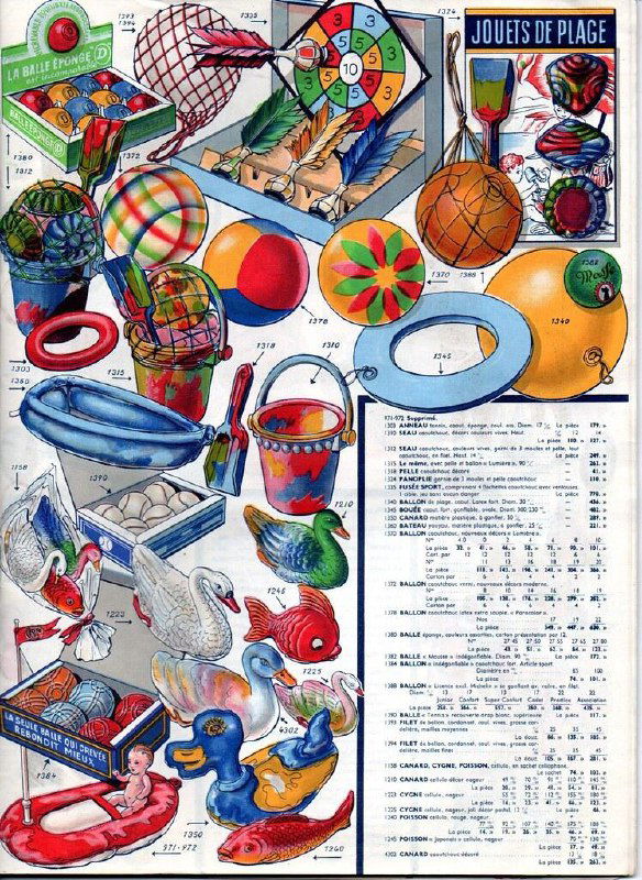 Страница каталога с пляжными и летними игрушками: мячи, надувные круги, ведерки и резиновые фигурки рядом с таблицей ассортимента и цен.