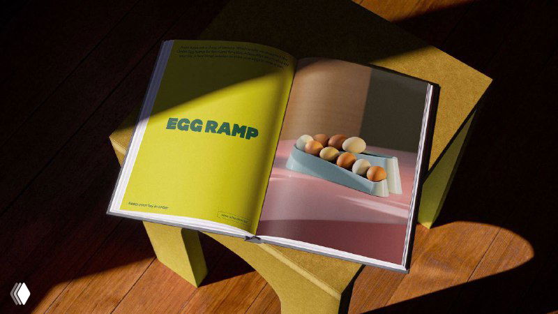 Разворот печатной брошюры Omlet с заголовком «EGG RAMP», фото яиц и пастельными фонами — пример печатной графики и бренд‑бука в рекламной кампании