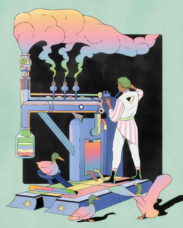 Иллюстрация с декоративной машиной и фигурой человека; пастельные оттенки, ретро-эстетика, заметная текстура эскиза и графичные детали.