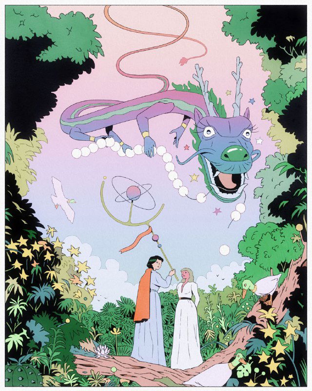 Фантазийная сцена: двое персонажей под летающим драконом в зелёном лесу; пастельная палитра, декоративные элементы и сказочная атмосфера.