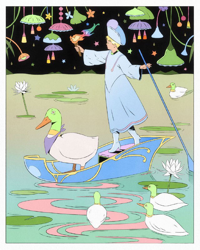 Иллюстрация: персонаж на лодке среди кувшинок и уток; плоские формы, мягкие цвета, декоративные узоры и лёгкая псевдовинтажная стилизация.