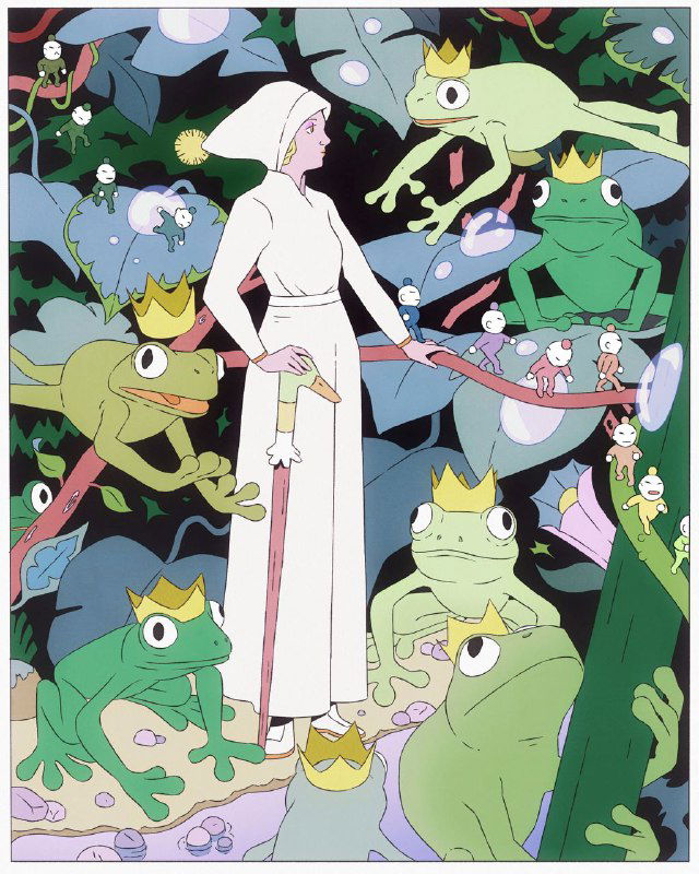 Сказочная композиция с принцессой и множеством зелёных лягушек в коронах; декоративная плотная сцена, пастельная гамма и ретро-штриховка.