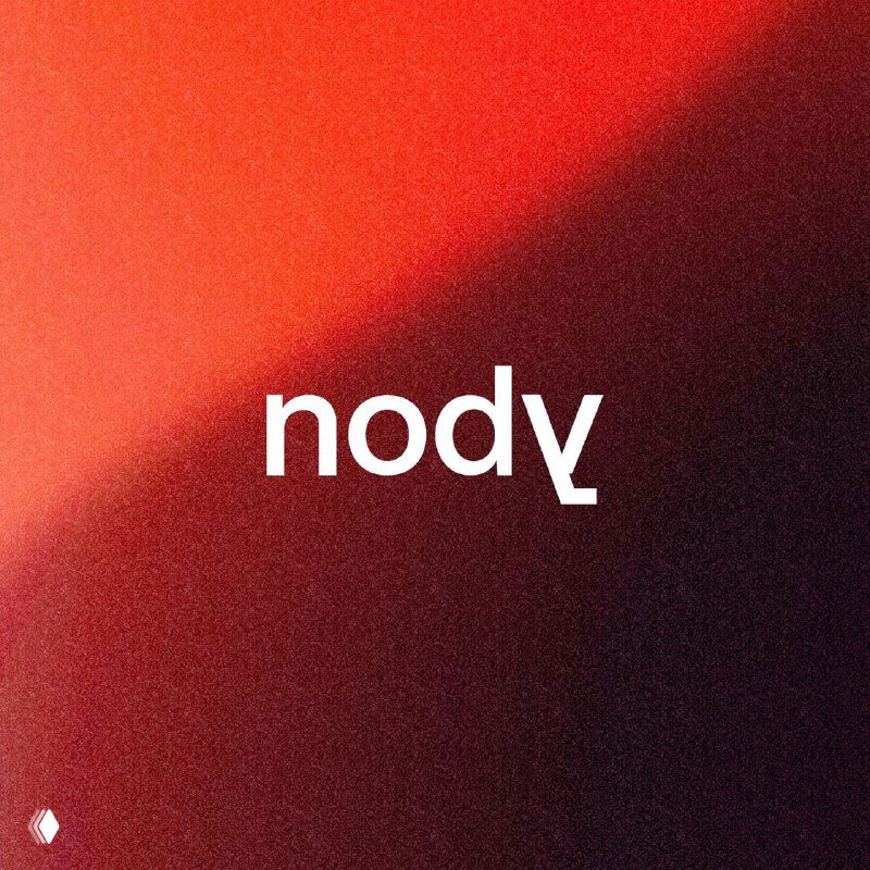 Тёплый градиентный фон с белым текстовым логотипом «nody», стилизованный моно‑шрифтовый знак из коллекции Logo System для вдохновения.