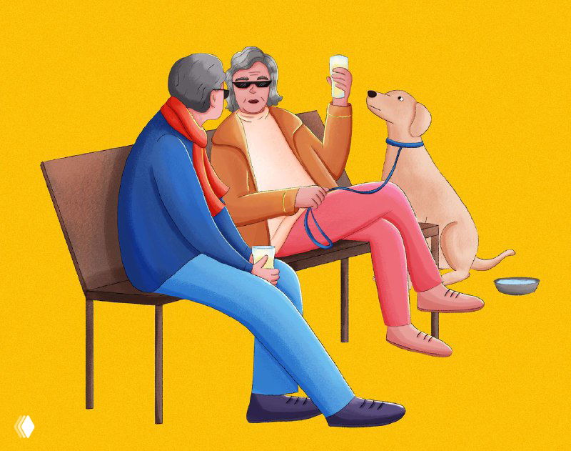 Тёплая иллюстрация: двое людей на скамейке общаются с чашками в руках, рядом сидит собака на жёлтом фоне, позитивная сцена.