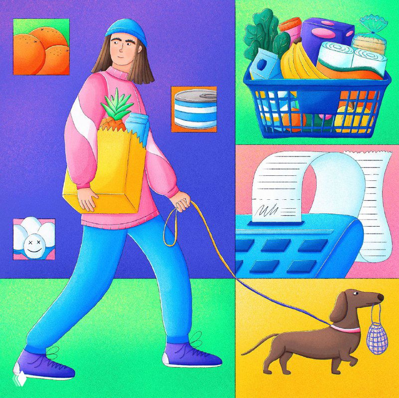 Коллаж-иллюстрация: прохожая с сумкой продуктов и собакой, рядом иконки покупок, чеков и калькулятора — бытовая яркая сцена.