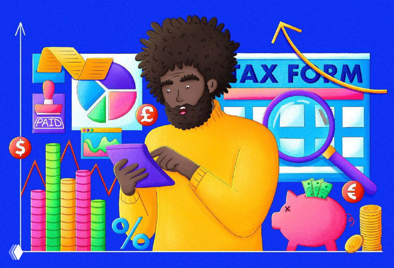 Иллюстрация с человеком за планшетом: графики, формы и свинья-копилка вокруг — тема финансов и расчётов в яркой манере.