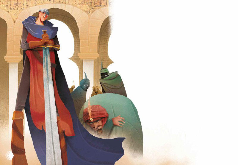 Иллюстрация с рыцарём и крупным мечом в архитектурной среде: колонны, динамика поз и контрастные тени, акцент на пропорциях.