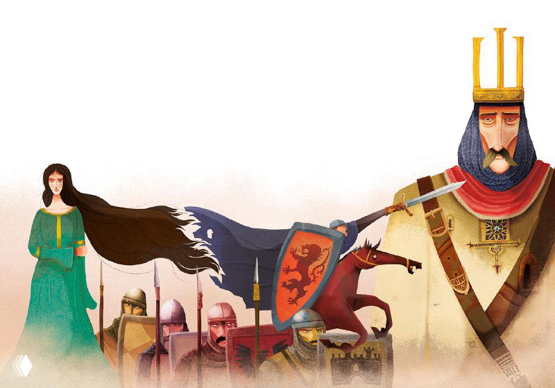 Иллюстрация с всадником и коронованным персонажем на фоне войска: декоративные мотивы, героическая композиция и стилизация.