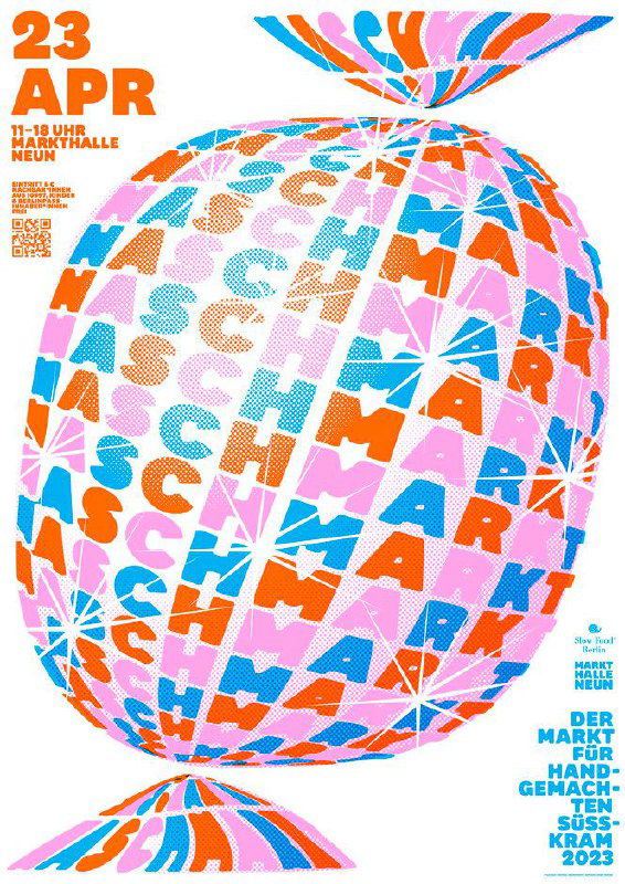 Яркий постер с шарообразным рисунком из повторяющейся типографии в сочных цветах; геометрический и игривый дизайн.