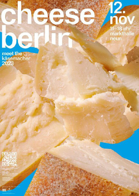 Плакат с крупным куском сыра на синем фоне и белой надписью «cheese berlin» — фото‑ориентированный промо‑афишный стиль.