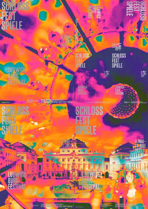 Психоделический плакат с картой города и неоновыми цветами, наложенная типографика «schloss fest spiele» — насыщенный фестивальный дизайн.