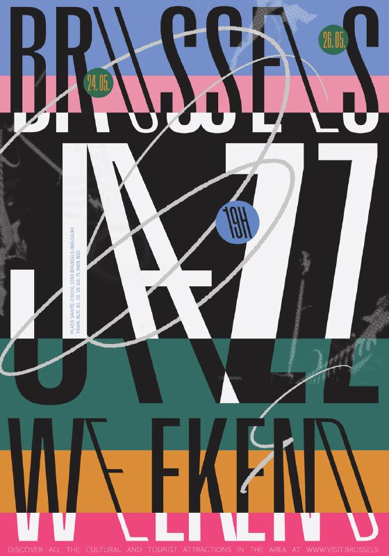 Типографический постер с крупным текстом «BRUSSELS» и наложениями букв и графических линий; контрастные полосы и динамичные декоративные элементы в стиле постера.