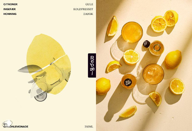 Рекламная верстка: ракурс сверху с лимонами, бокалами и бутылкой Rebæl — композиция для демонстрации вкусов и цвета напитков.