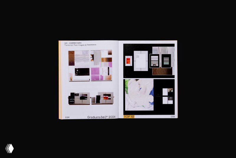 Разворот с сеткой из небольших изображений и макетов: примеры дипломных проектов, коллажи и портфолио-образы в бумажном ежегоднике Graduate360.