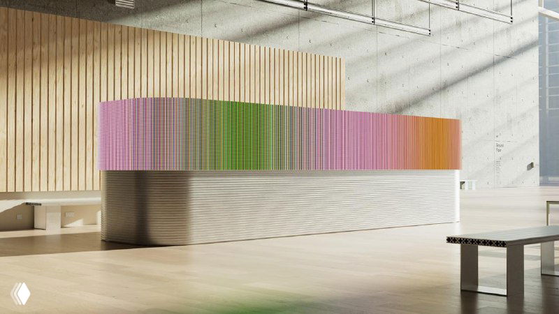 Макет интерьера с волнообразной приёмной стойкой в пастельных градиентах — применение айдентики TwelveLabs в пространственном брендинге.