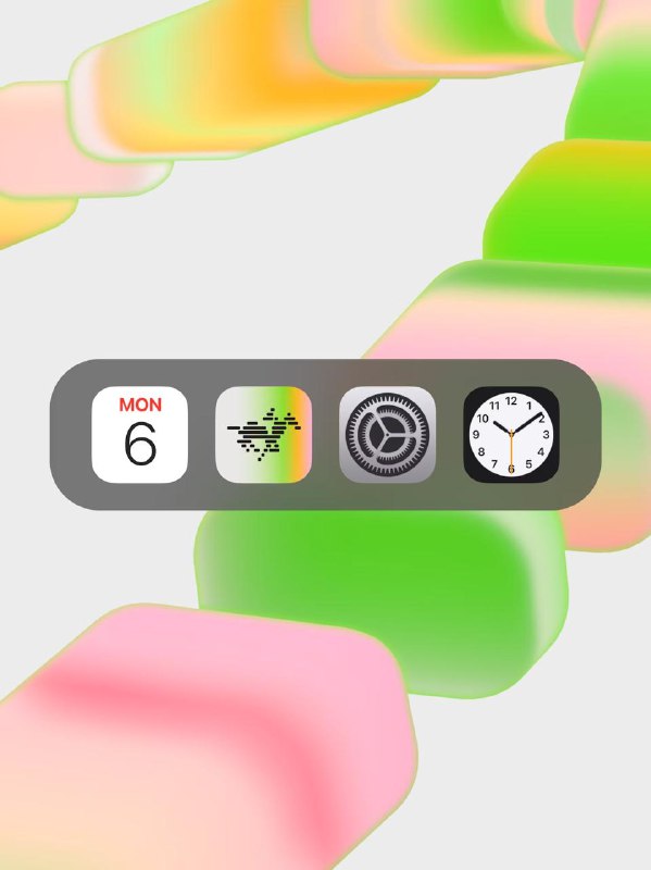 Крупный план волнообразного градиентного потока и пример использования иконки приложения на тёмной панели — мобильный визуал и элементы UI.