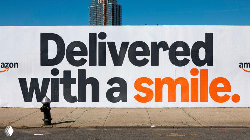 Уличный билборд с надписью «Delivered with a smile» и новым фирменным стилем Amazon — визуал рекламной кампании после редизайна айдентики.