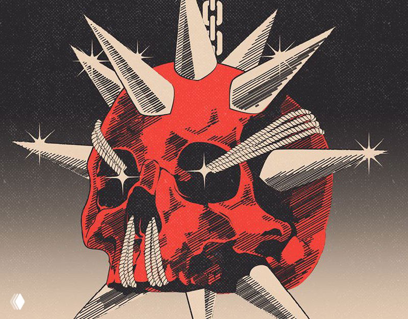 Иллюстрация Мануэля Цетина: красный череп с шипами и графическими эффектами, ретро-градации и сильный контраст, динамичный визуальный язык.