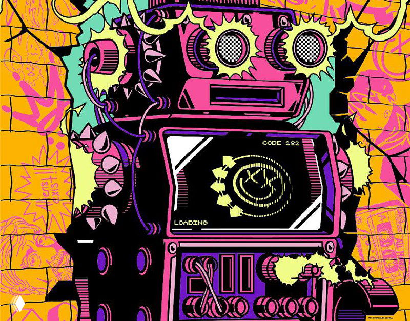 Иллюстрация Мануэля Цетина: яркая разноцветная механическая фигура с элементами панка, сложная орнаментация и насыщенная палитра.