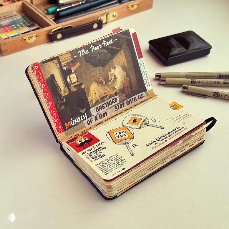 Небольшой артбук, раскрытый на столе; видны аппликации, наклейки и аккуратные подписи — страницы оформлены как визуальные дорожные заметки и коллажи.