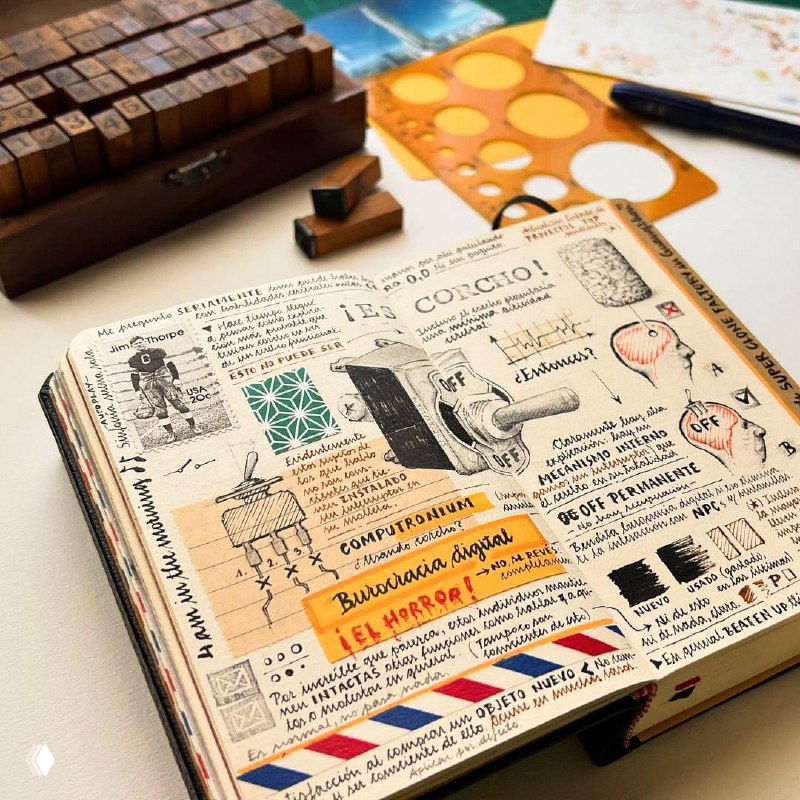 Развёрнутый скетчбук с карандашными и чернильными рисунками, в том числе архитектурными и бытовыми зарисовками, вокруг видны трафареты и набор чернил.