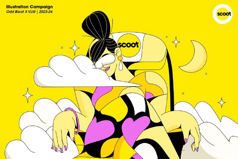 Шейповая иллюстрация грациозной фигуры в жёлто‑чёрно‑розовой палитре: стилизованный персонаж с серьгами и ярким узором на одежде, фирменный минимализм.