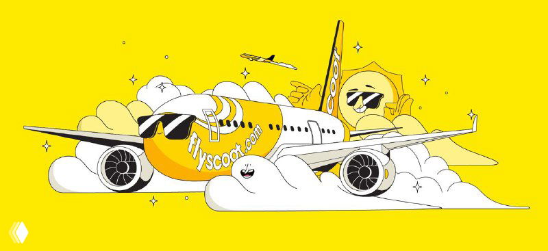 Иллюстрация самолёта Scoot в воздушной композиции: ярко‑жёлтый лайнер на облачном фоне, динамичная графика и фирменный логотип на фюзеляже.