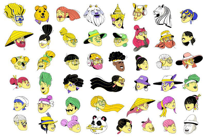 Сет маленьких шейповых портретов и персонажей: разнообразие лиц и головных уборов, передающее культурное разнообра­зие и стилистическую единство кампании.