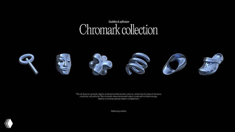 Коллекция хромированных 3D-символов Shareio: небольшие скульптуры в металлической фактуре на тёмном фоне, подчёркивающие визуальную систему марки.