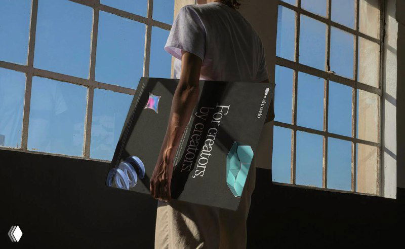 Фотография рекламного мерча Shareio: человек держит сумку с брендовым принтом на фоне окна — пример применения айдентики в реальной среде.