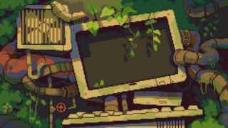 Пиксельная сцена: старый монитор и клавиатура в лианах, атмосферная миниатюра в стиле пиксель-арт — превью урока по анимации.