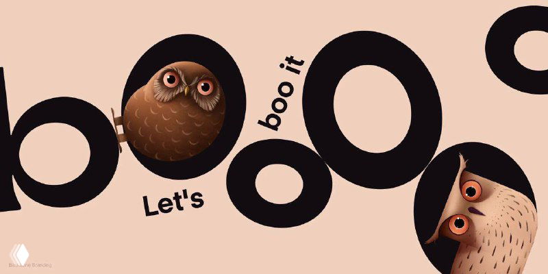 Графический макет логотипа Boo с круглыми формами и маленькой иллюстрацией совы в одной из букв на нежном фоне, демонстрация типографики бренда.