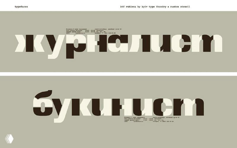 Графические развороты с крупной типографикой: слова «журналист» и «букинист» выполнены в фирменном стиле проекта, демонстрация шрифтовых решений.