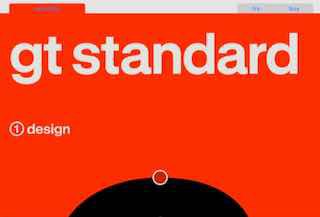 Превью промосайта GT Standart: яркий красный экран с крупной белой надписью «gt standard» и графическим элементом внизу, демонстрация фирменного стиля шрифта.