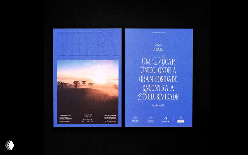 Две обложки журнала Thera Mag на чёрном фоне: лицевая с пейзажной вставкой и оборотная с тиснёным логотипом и минимальной типографикой.