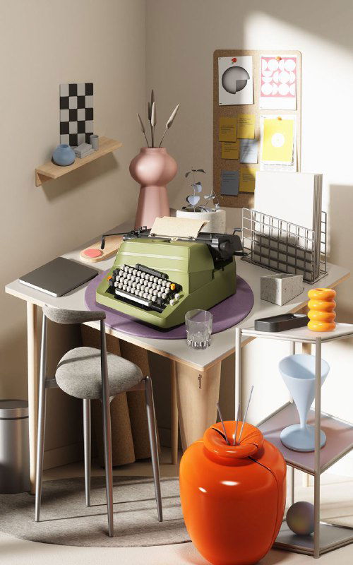 Сюрреалистический 3D-интерьер рабочего стола: зелёная печатная машинка, минималистичная мебель и мягкое боковое освещение.