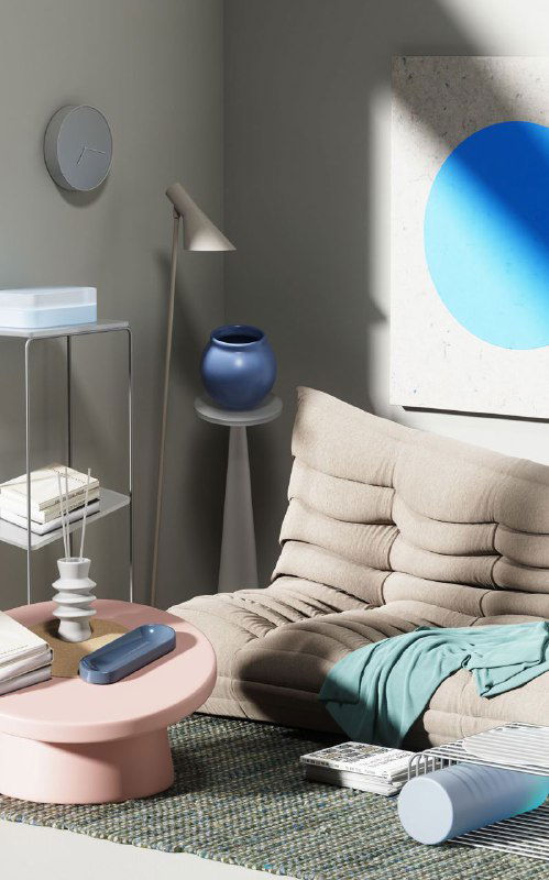 Уютный 3D-рендер интерьера с мягким креслом, декоративной вазой и геометрической картиной на стене в спокойной нейтральной палитре.