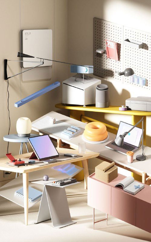 Организованный 3D-рабочий уголок с ноутбуком, лампой, канцелярией и настенной перфорированной панелью в пастельной цветовой гамме.