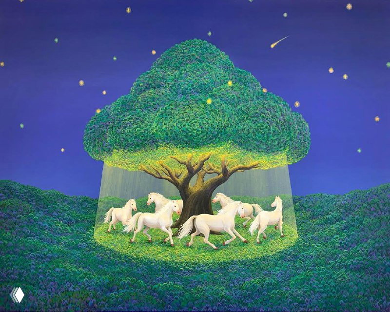 Ночная сцена: большое дерево под звёздным небом, вокруг под куполом пасутся белые единороги — образ магической защитной чаши.
