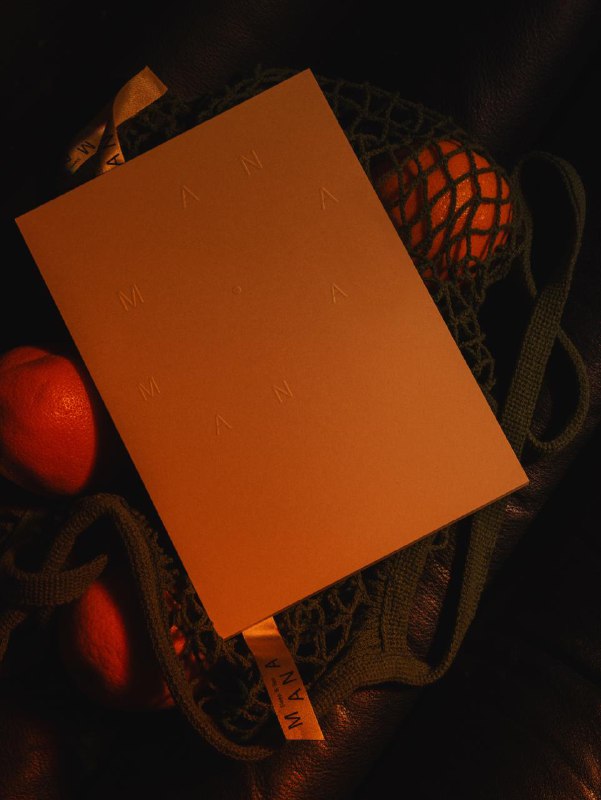 Плоская композиция листовки Mana и фруктов в сумке-авоське, подчёркнутая мягким утренним/закатным светом и тонкой минималистичной айдентикой.