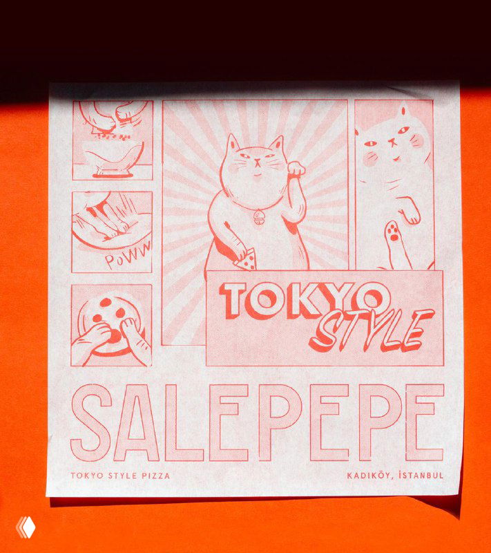Плакат/листовка с комиксной графикой и надписью TOKYO STYLE и SALEPEPE на ярко-оранжевом фоне; видно манга-стилистику и маскота-кота.