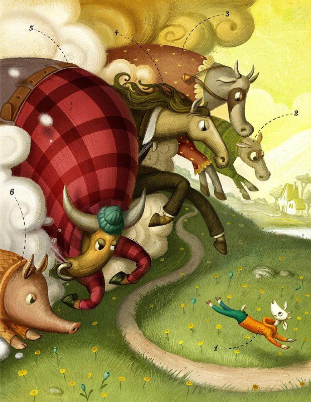 Динамическая иллюстрация с животными и персонажами на холмистой местности: бегущие фигурки, декоративные элементы и мягкая цветовая гамма, работа Ивана Сулимы, Киев.