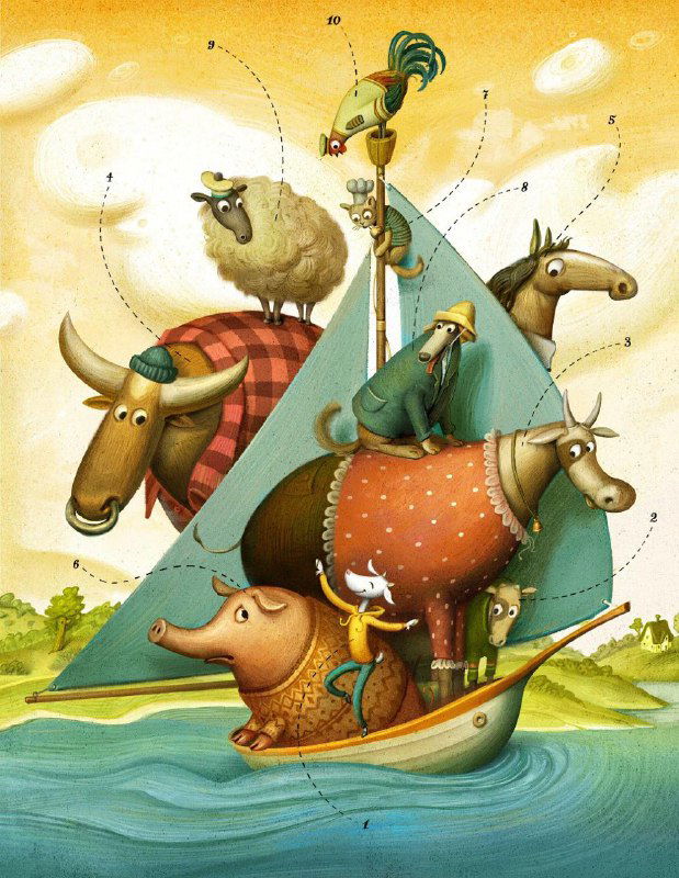Сцена с лодкой и составом из животных (овца, свинья, лошадь) и путешественниками: сюрреалистическая, тёплая атмосферная композиция от Ивана Сулимы, книжные иллюстрации, Киев.