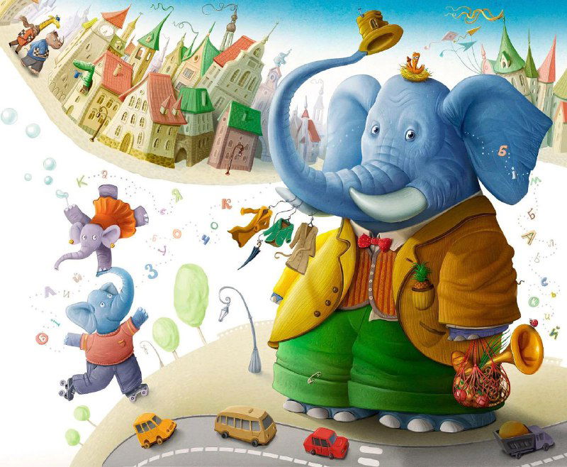 Яркая иллюстрация со слоном в пальто и игрушечными персонажами на фоне городских домов: добродушная сцена с насыщенной палитрой от Ивана Сулимы, Киев, книжные изображения.